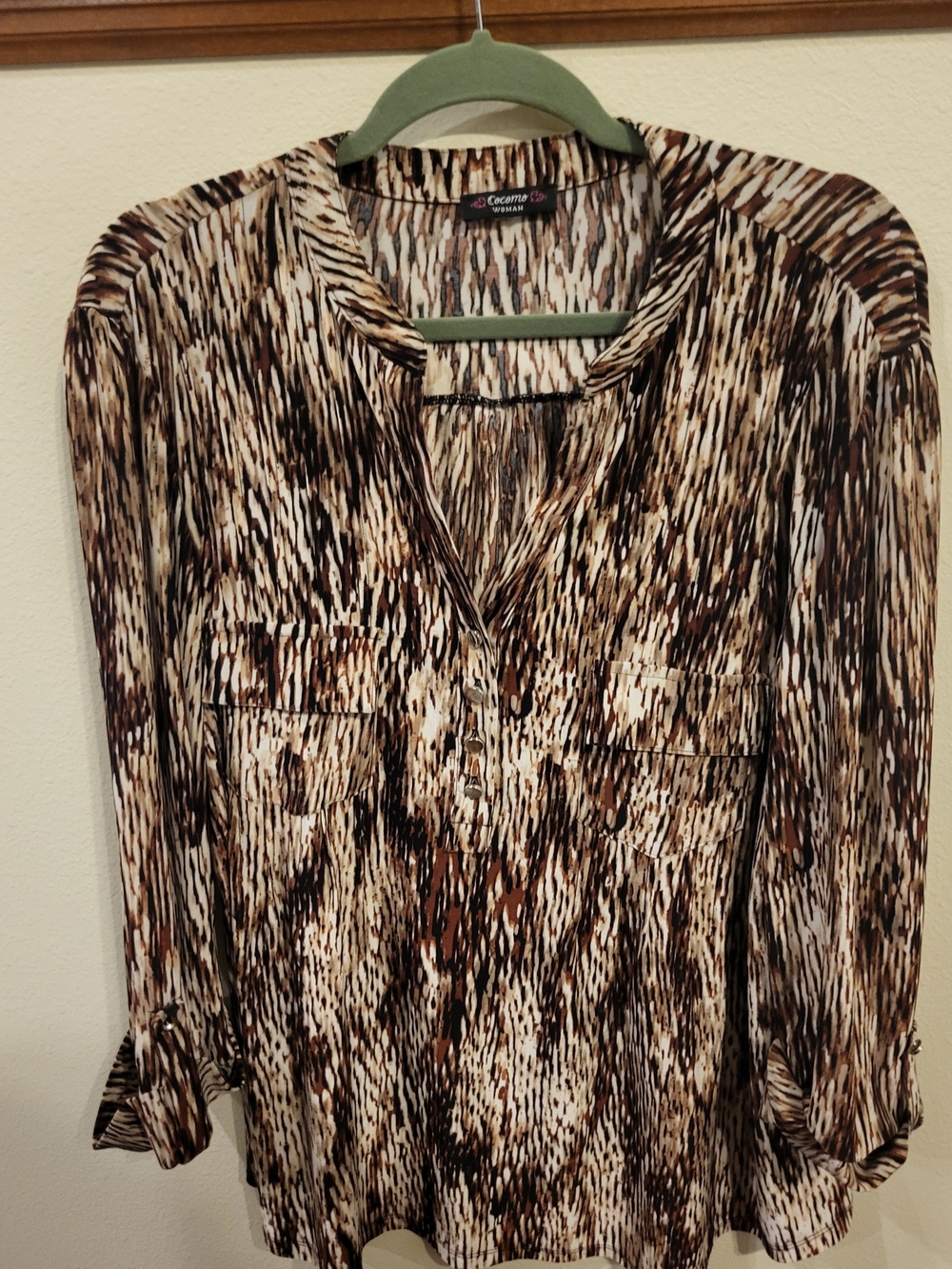 Cocomo Brown and Cream Animal-Print V-Neck Blouse